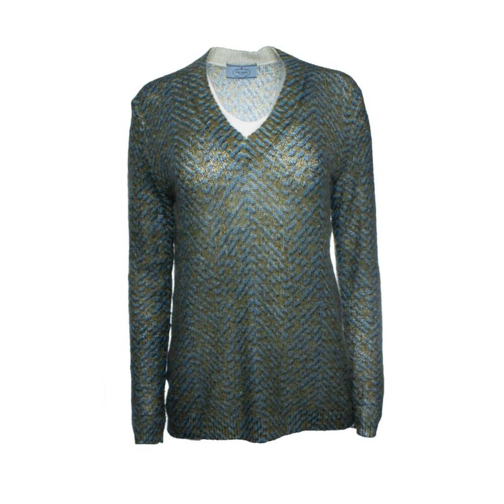 Prada, blue and green printed v neck sweater